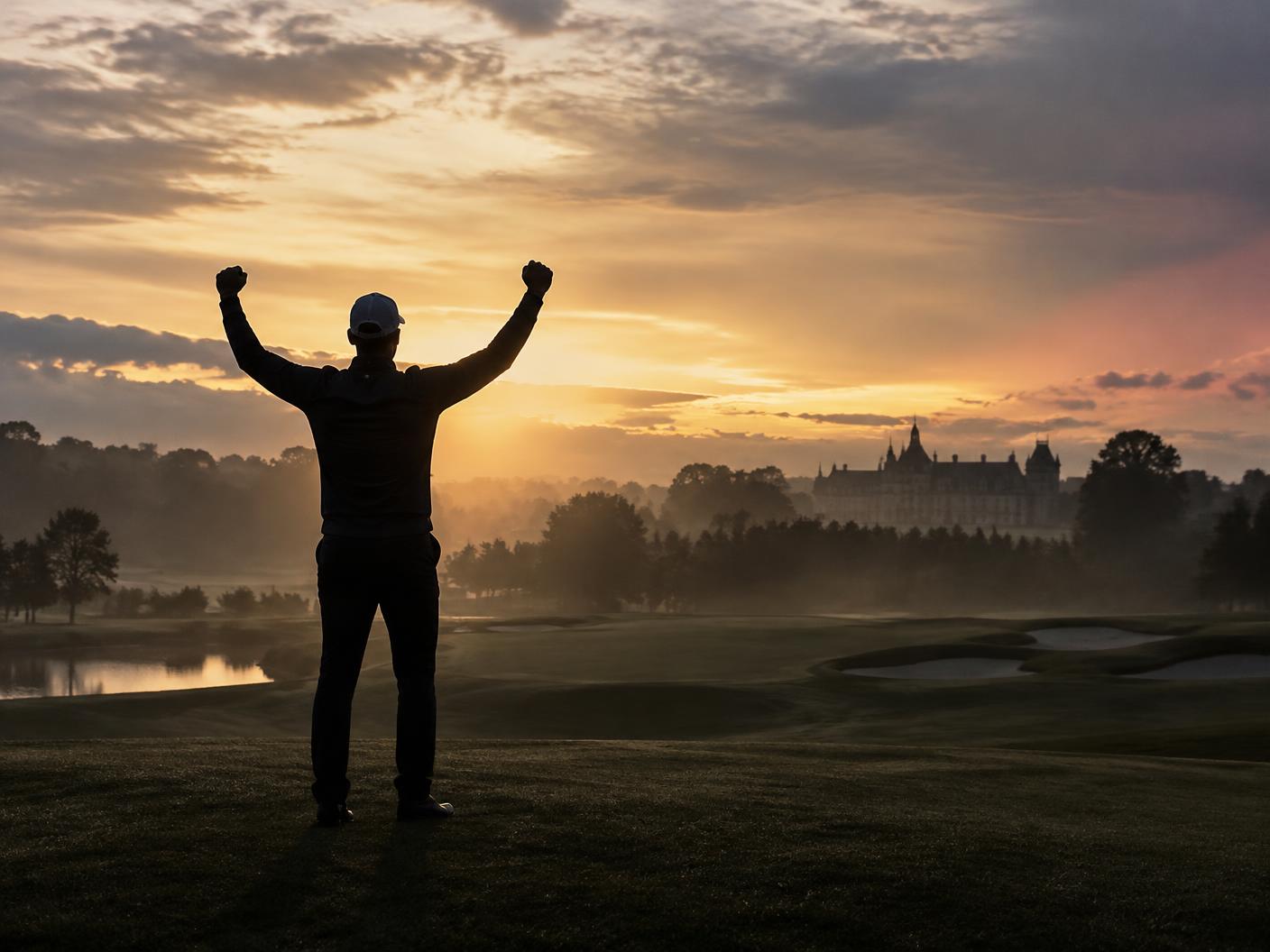 Air Golf competitor celebrating at sunset